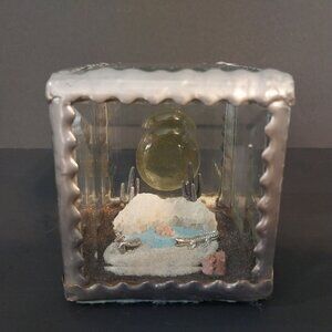 Beveled Glass And Pewter Square Diorama Gold Miner Cactus Crocodile Alligator